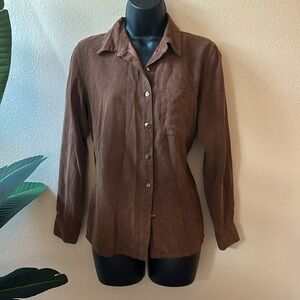 Soft faux suede-like button down long sleeve top with collar